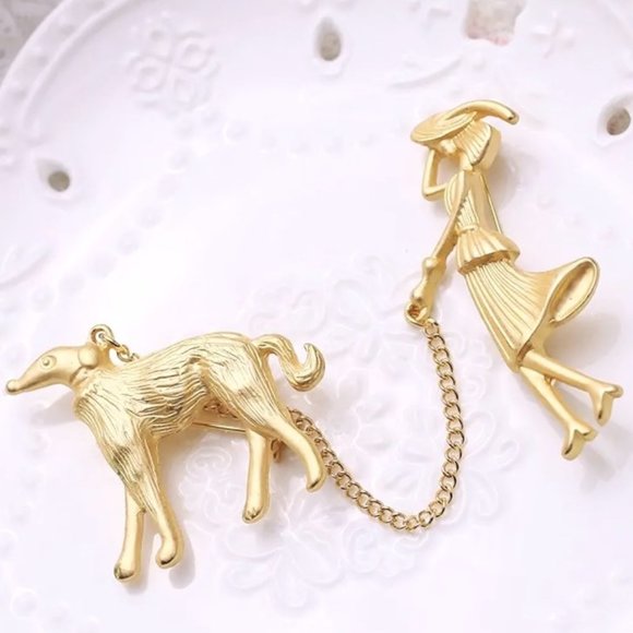 Walking Dog Brooch Fancy Lady Large Stylish Chain Leash Gold Afgan Trendy Chic - Picture 1 of 3